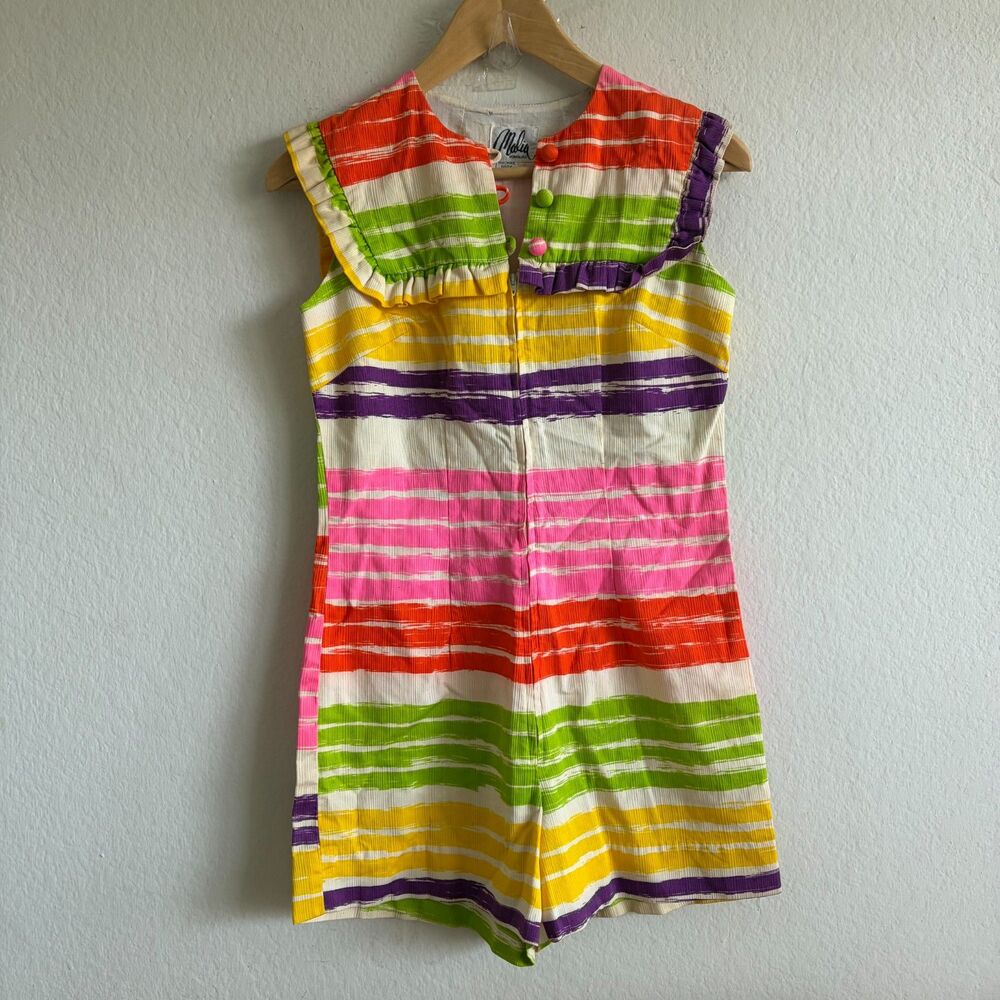 MALIA Honolulu Vtg 70s Handmade Hawaii Stripe Retro Sleeveless Romper Womens S